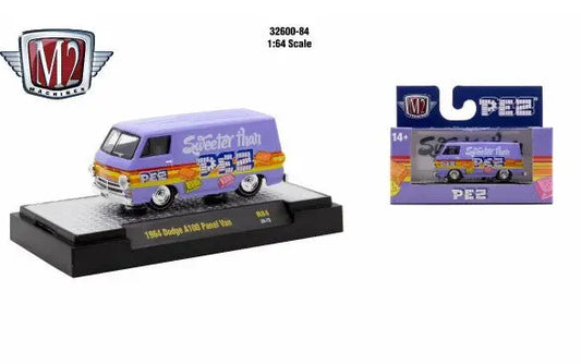 Purple and yellow 1965 Dodge A100 Panel Van die-cast model from M2 Machines Detroit Muscle R84