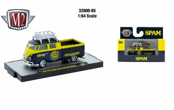 Yellow and blue M2 Machines Detroit Muscle R85 1959 VW Double Cab Truck toy model