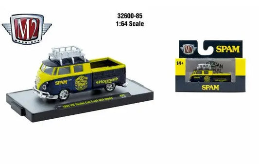 Yellow and blue M2 Machines Detroit Muscle R85 1959 VW Double Cab Truck toy model