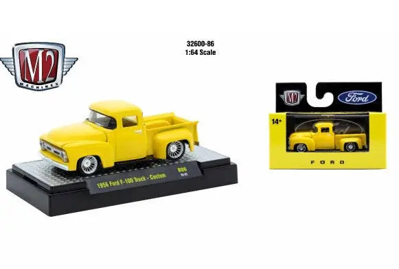 Yellow toy Ford pickup truck from Detroit Muscle R86 series, muscle R86 diecast model