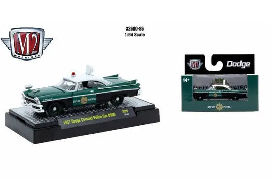 Green and white 1957 Dodge Coronet Police Car diecast model from M2 Machines Detroit Muscle R86