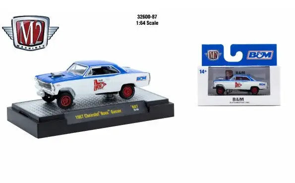 Toy car and packaging of Detroit Muscle R87 1967 Chevrolet Nova Gasser