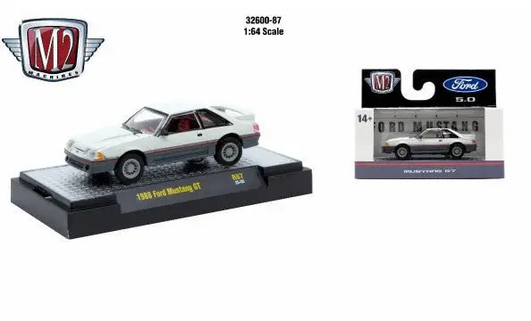 White 1986 Ford Mustang GT diecast car from M2 Machines Detroit Muscle R87 series