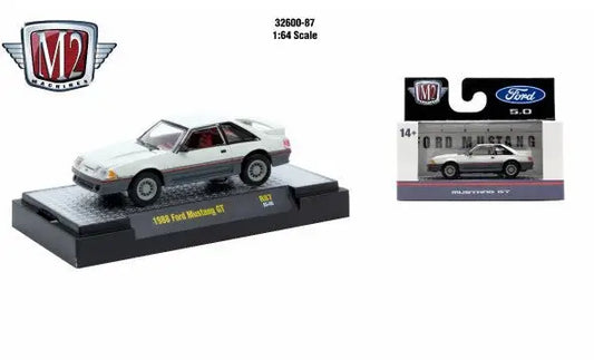 White 1986 Ford Mustang GT diecast car from M2 Machines Detroit Muscle R87 series