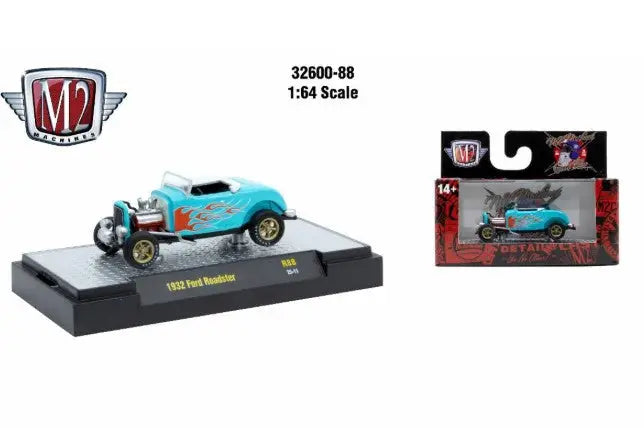 Light blue Detroit Muscle R88 1932 Ford Roadster diecast model with orange flames and gold wheels