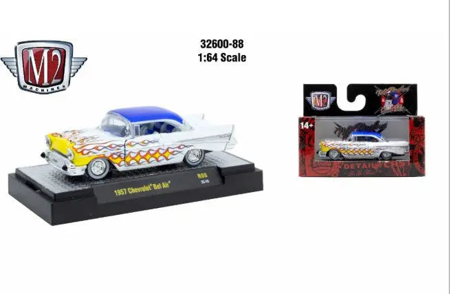 Detroit Muscle R88 1957 Chevrolet Bel Air die-cast model with blue roof and flames in packaging