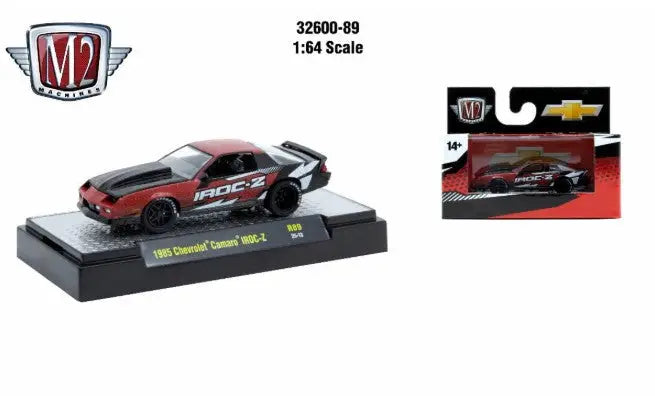 Red and black 1985 Chevrolet Camaro IROC-Z diecast car from M2 Machines Detroit Muscle R89