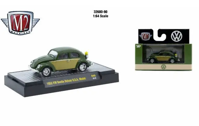 Dark green and tan 1953 VW Beetle Deluxe USA Model from Detroit Muscle R90 collection