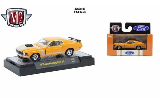 Orange 1970 Ford Mustang Boss 302 die-cast model from Detroit Muscle R90 series
