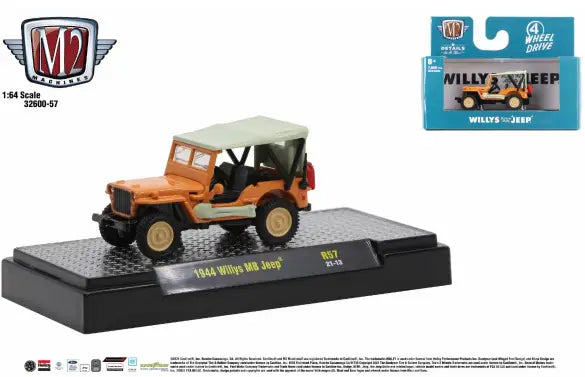 Orange and white Willys MB Jeep on display, part of M2 Machines Detroit Muscle Release 57