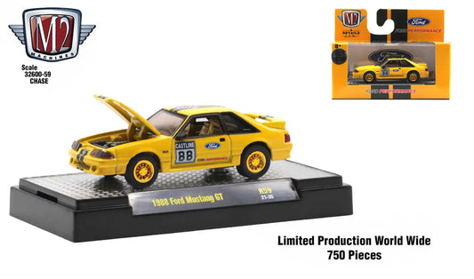 Yellow 1988 Ford Mustang GT diecast model from M2 Machines Detroit Muscle Release with open hood