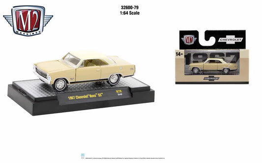 Cream-colored 1967 Chevrolet Nova SS die-cast model in retail packaging, Detroit Muscle Release