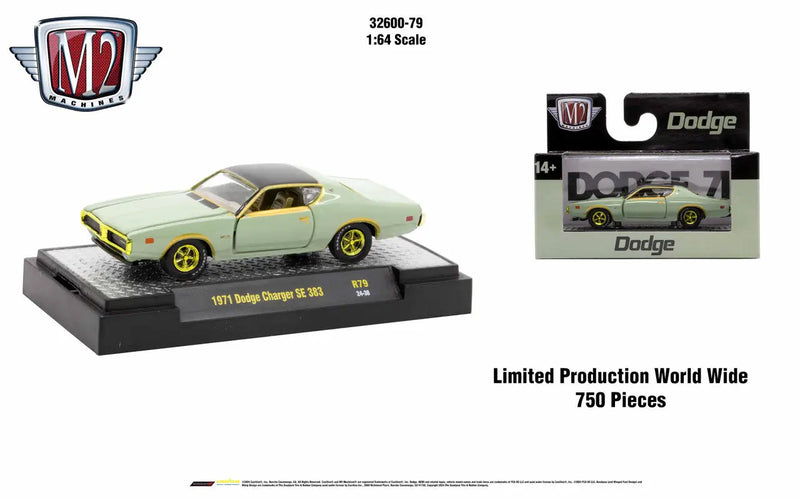 Mint green 1971 Dodge Charger R/T die-cast model from Detroit Muscle Release 79 with gold wheels