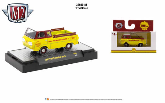 Yellow 1965 Ford Econoline Truck with red trim, ladders on roof, Detroit Muscle Release 81