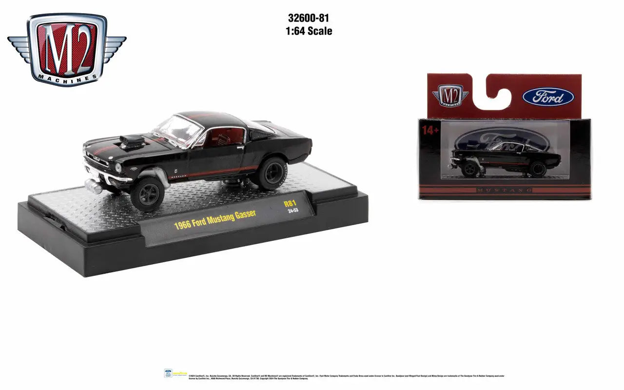 Black 1966 Ford Mustang Gasser die-cast model from M2 Machines Detroit Muscle Release 81