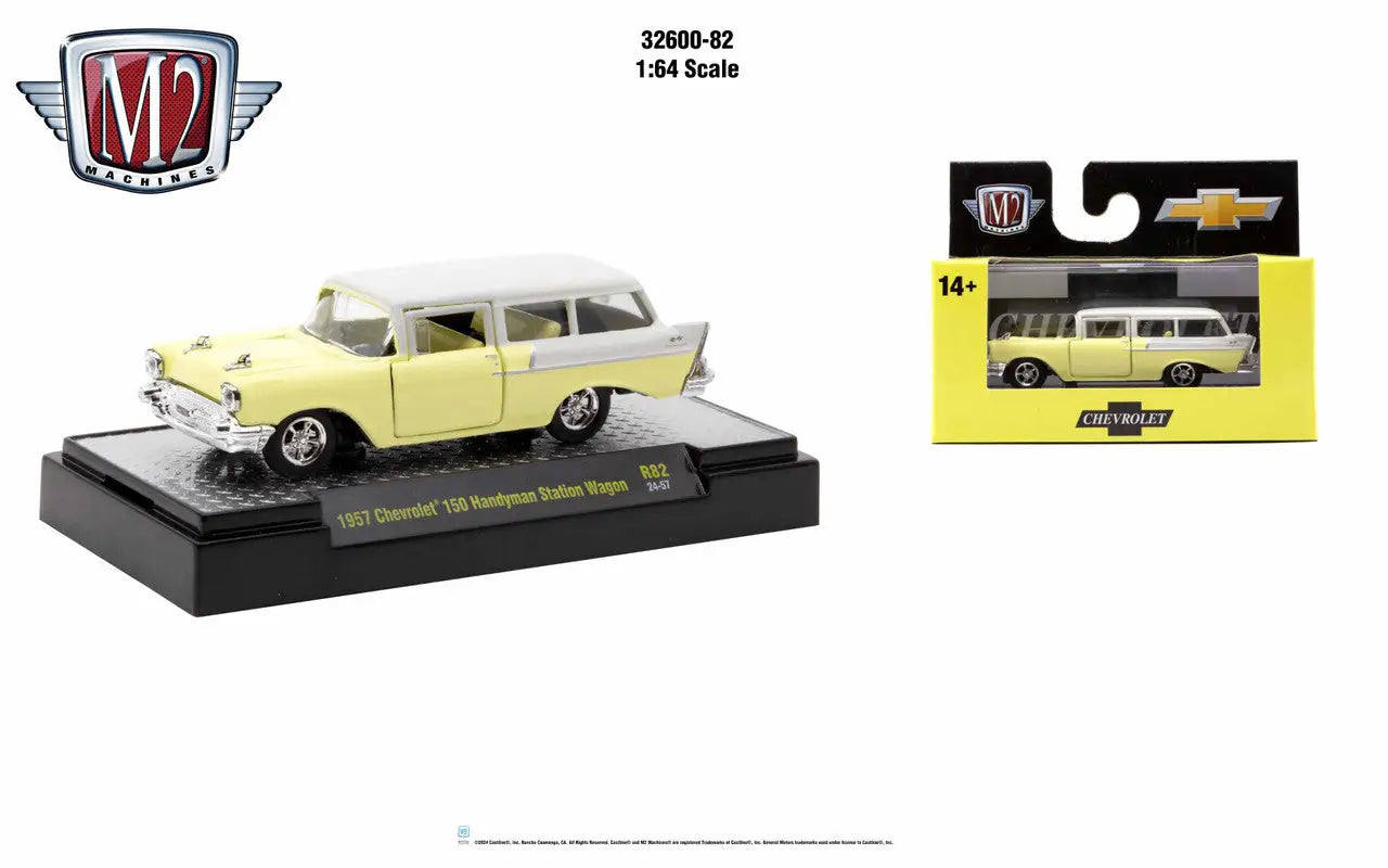 Yellow and white 1957 Chevrolet 150 Handyman Station Wagon die-cast model from Detroit Muscle Release