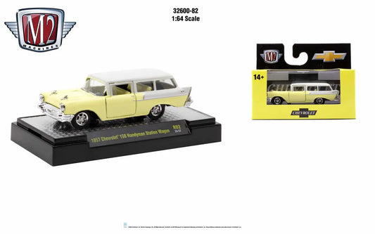 Yellow and white 1957 Chevrolet 150 Handyman Station Wagon die-cast model from Detroit Muscle Release