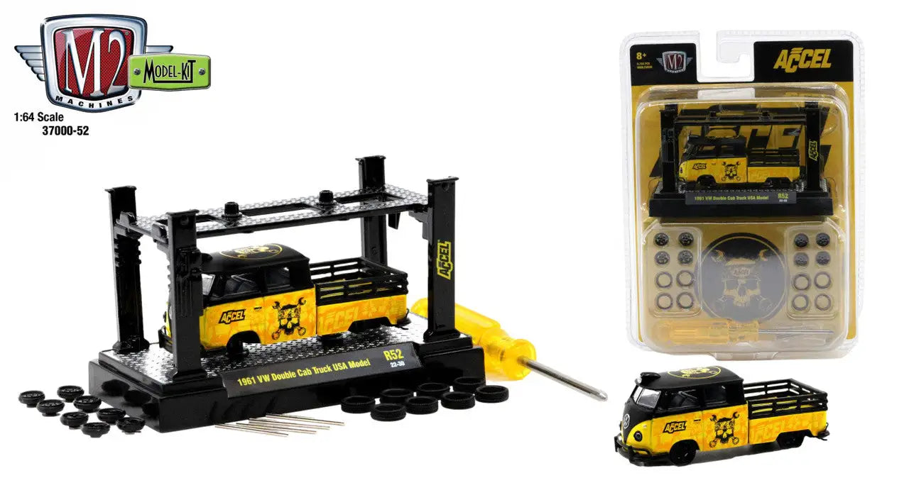 Model kit release of a yellow and black vintage-style bus and parts for double cab truck USA