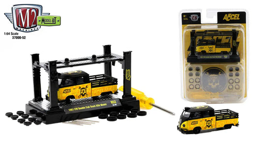 Model kit release of a yellow and black vintage-style bus and parts for double cab truck USA