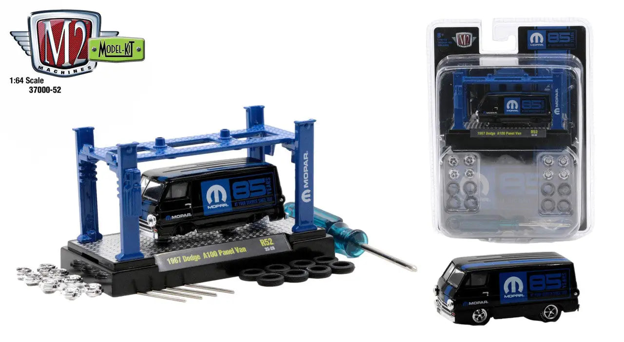 Toy car wash set featuring a black Mopar van and blue cleaning gear from M2 Machines model kit release