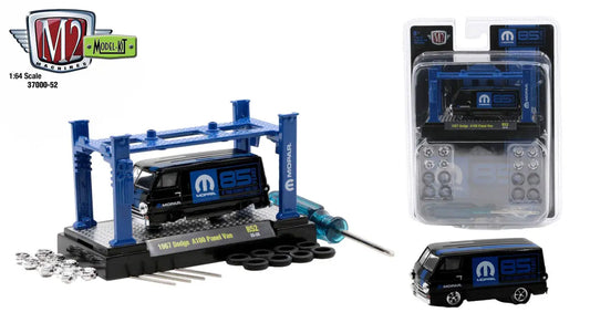 Toy car wash set featuring a black Mopar van and blue cleaning gear from M2 Machines model kit release