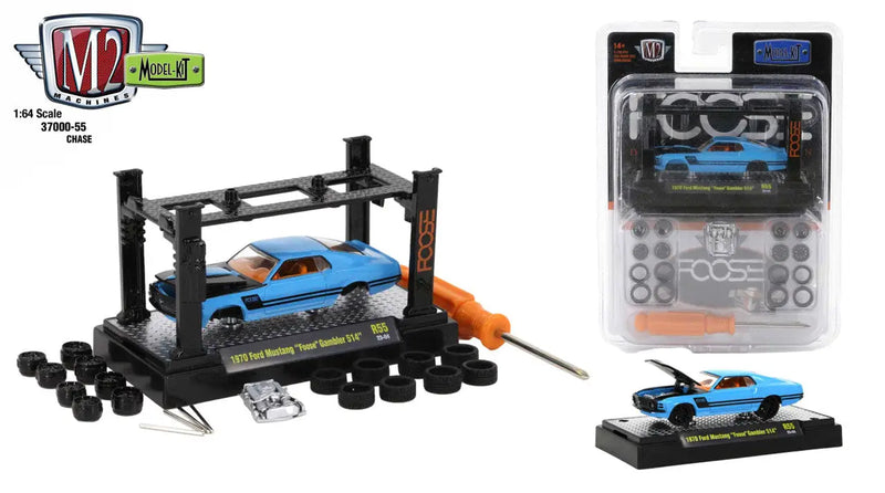Model kit release of Ford Mustang Foose Gambler with blue muscle car and tools