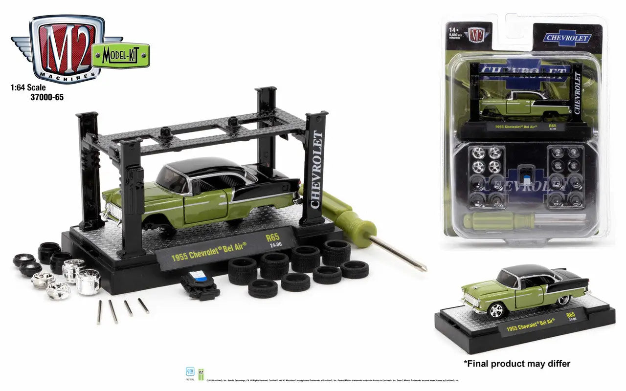 Model kit release featuring a green vintage 1955 Chevrolet Bel-Air assembly kit