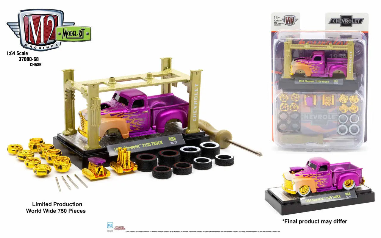 Purple custom hot rod pickup truck model kit release with gold accents on display