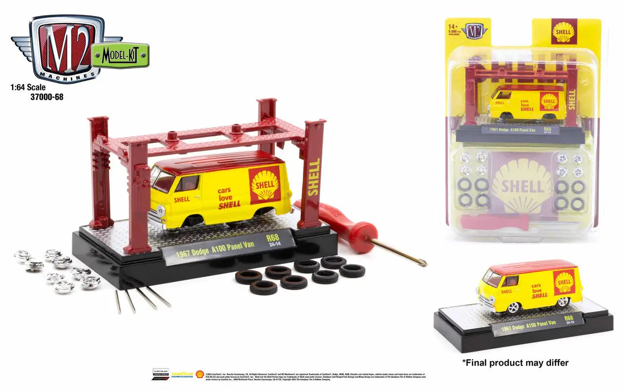 Yellow Shell Oil Dodge A100 Panel Van model kit release with red lift platform and wheels