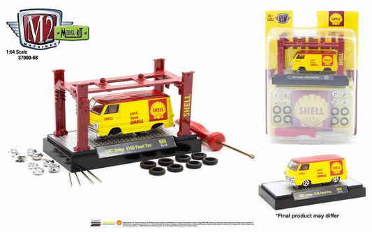 Yellow Shell Oil Dodge A100 Panel Van model kit release with red lift platform and wheels
