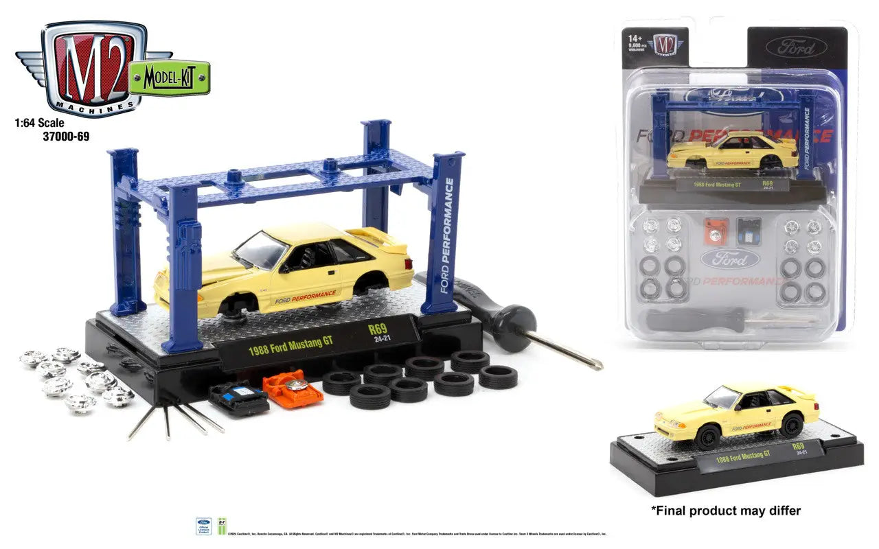 M2 Machines 1:64 Model Kit Release featuring a yellow Ford Mustang GT on blue lift rack