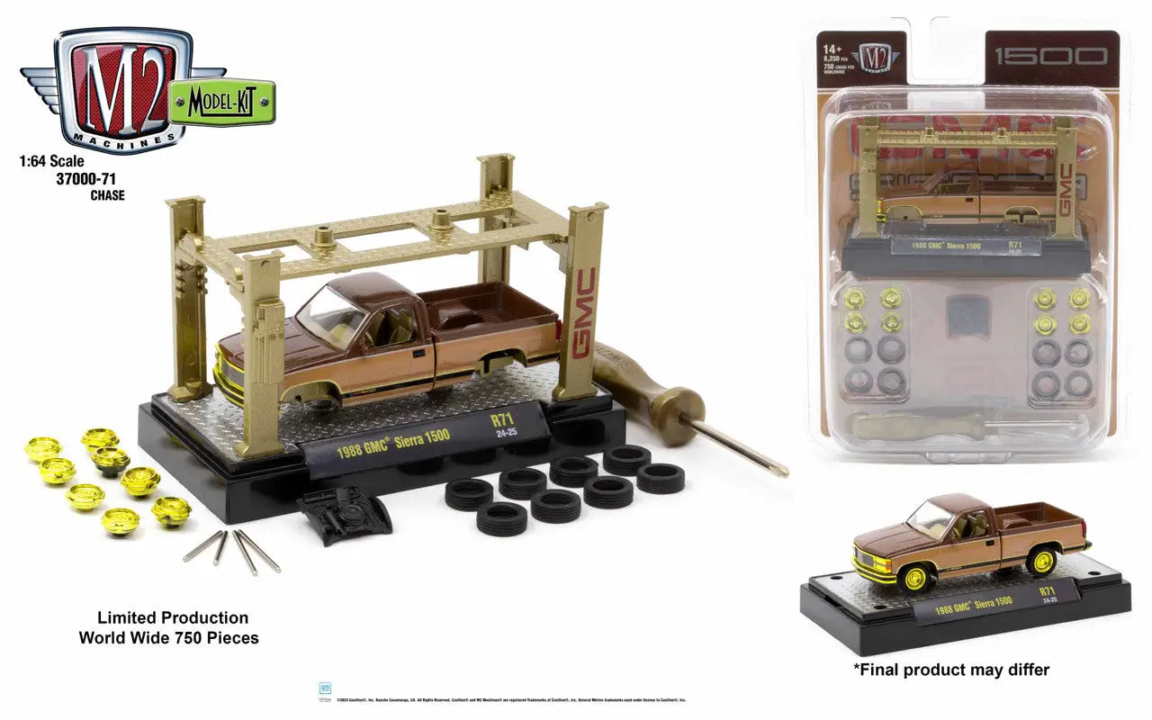 Model Kit Release showcasing a copper-colored 1988 GMC Sierra 1500 on display rack