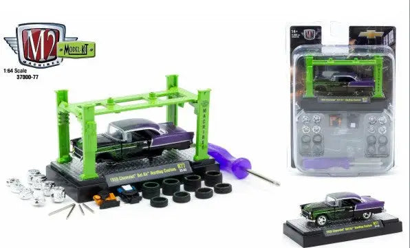 Toy car model kit featuring the 1955 Chevrolet BelAir Hardtop Custom from M2 Machines release