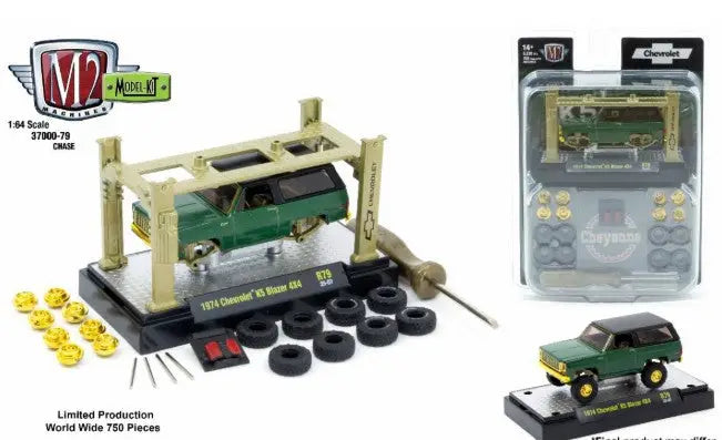 Green 1974 Chevrolet K5 Blazer 4x4 chase model kit release with lift, wheels, tools