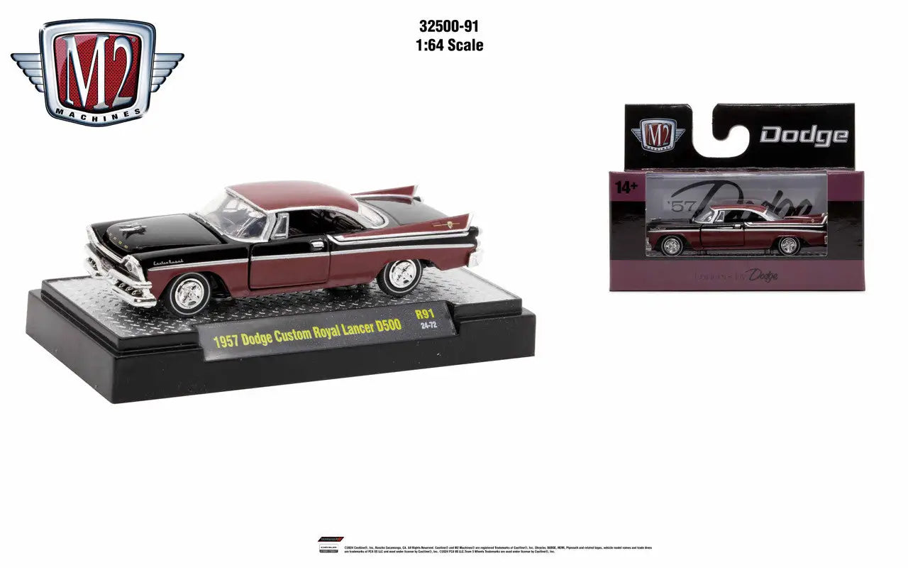 1957 Dodge Custom Royal Lancer HEMI diecast model in burgundy and chrome by M2 Machines Auto Authentic