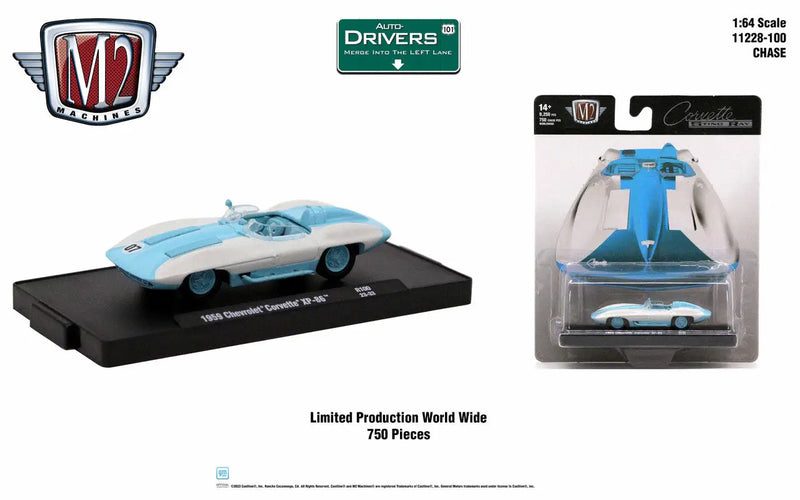 Light blue Chevrolet Corvette model from M2 Machines Auto Drivers 1:64 trading cards