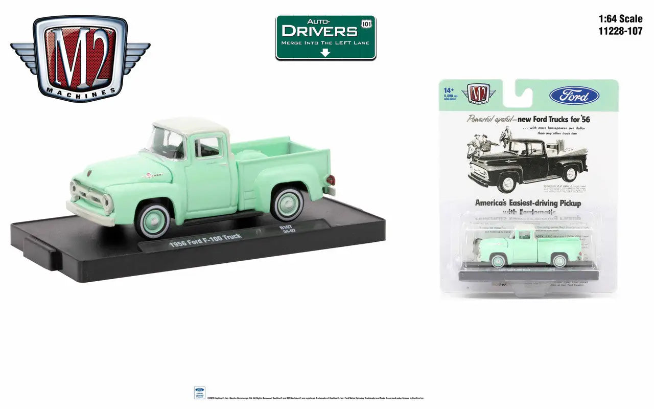 Mint green 1958 Ford pickup truck model from M2 Machines Auto-Drivers on display stand