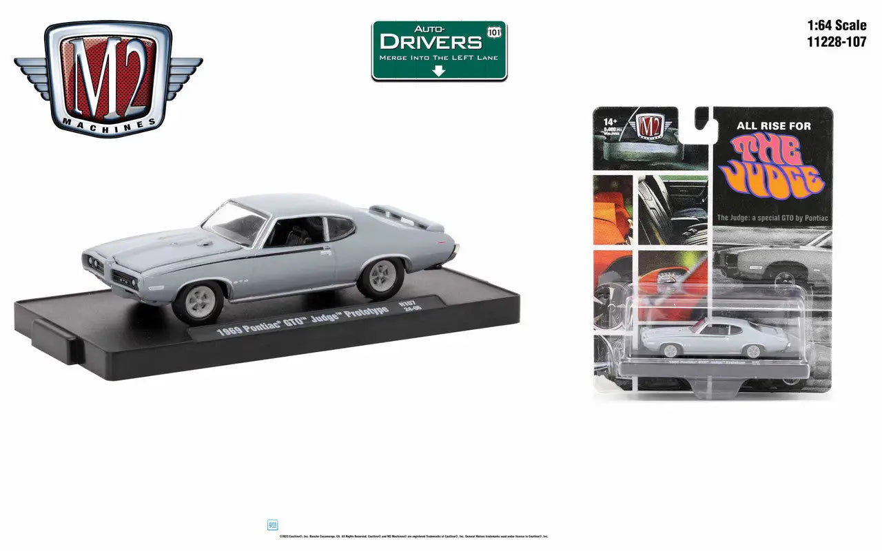 Die-cast model car of a silver 1970 Oldsmobile Cutlass 442 in M2 Machines GTO Judge Prototype