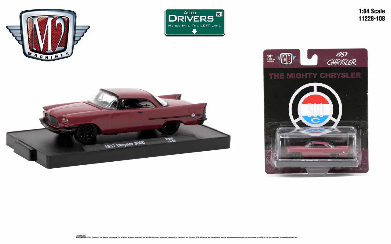 Maroon 1960 Plymouth Fury model car on display stand with M2 Machines Auto Chrysler 300C