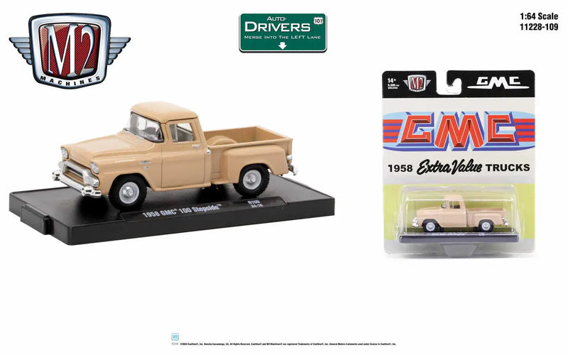 Tan 1958 GMC Pickup Truck model from M2 Machines Auto, perfect for collectors and trading cards