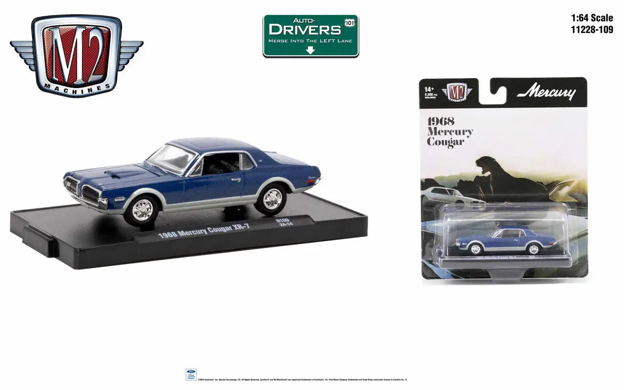 Blue 1968 Mercury Cougar XR7 die-cast model car with chrome trim from M2 Machines Auto-Drivers