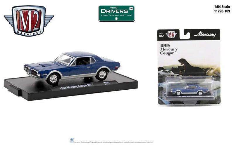 Blue 1968 Mercury Cougar XR7 die-cast model car with chrome trim from M2 Machines Auto-Drivers
