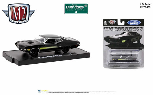Black 1970 Ford Torino GT429 SCJ die-cast model car in loose and packaged forms