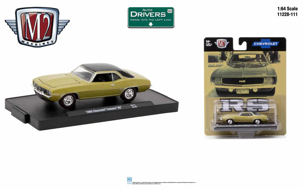 Gold-colored 1969 Plymouth Road Runner in M2 Machines Auto-Drivers 1:64 Chevrolet Camaro set