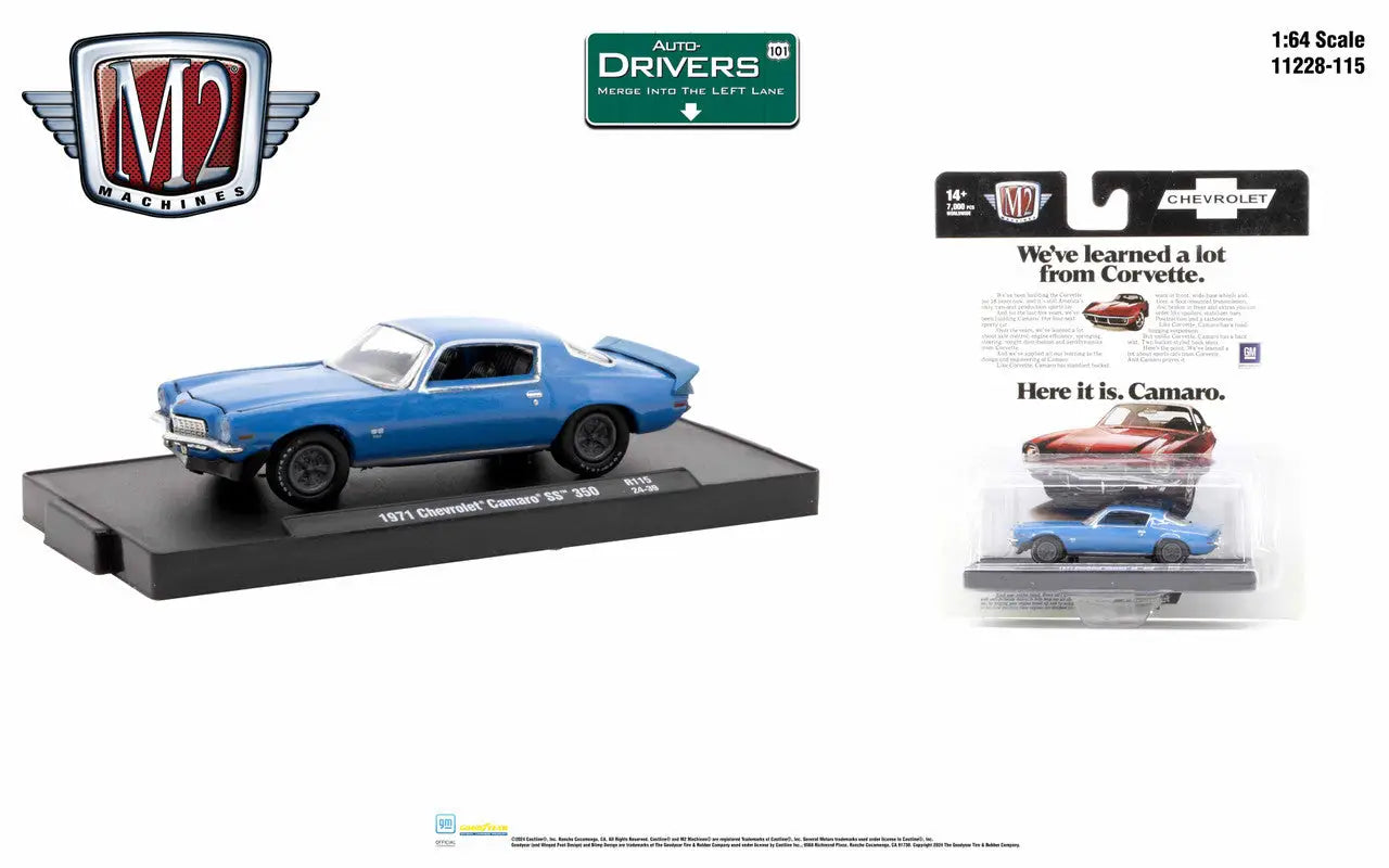 Blue 1970 Chevrolet Camaro RS/SS diecast model from M2 Machines Auto driving collection