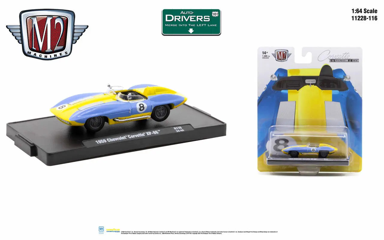 Yellow and blue Chevrolet Corvette model by M2 Machines Auto, featuring competition number 9