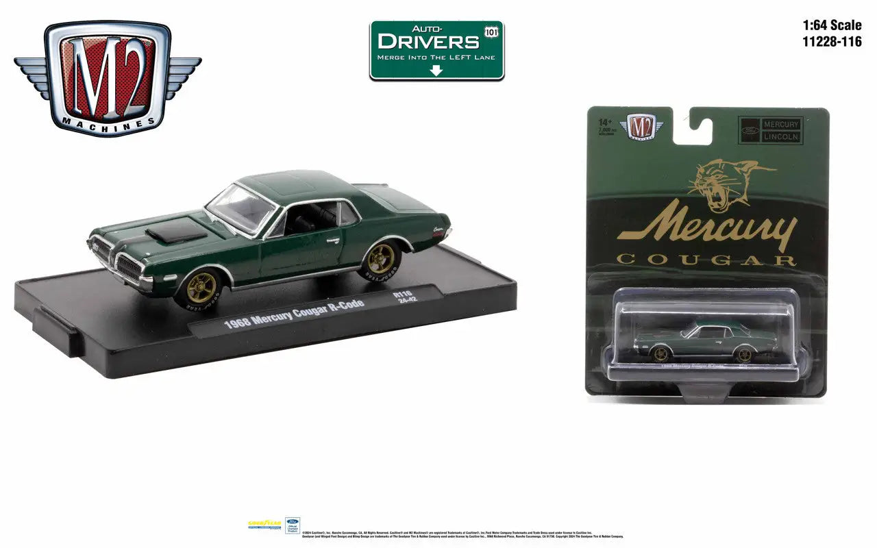 Dark green 1968 Mercury Cougar R-Code die-cast model from M2 Machines Auto collection