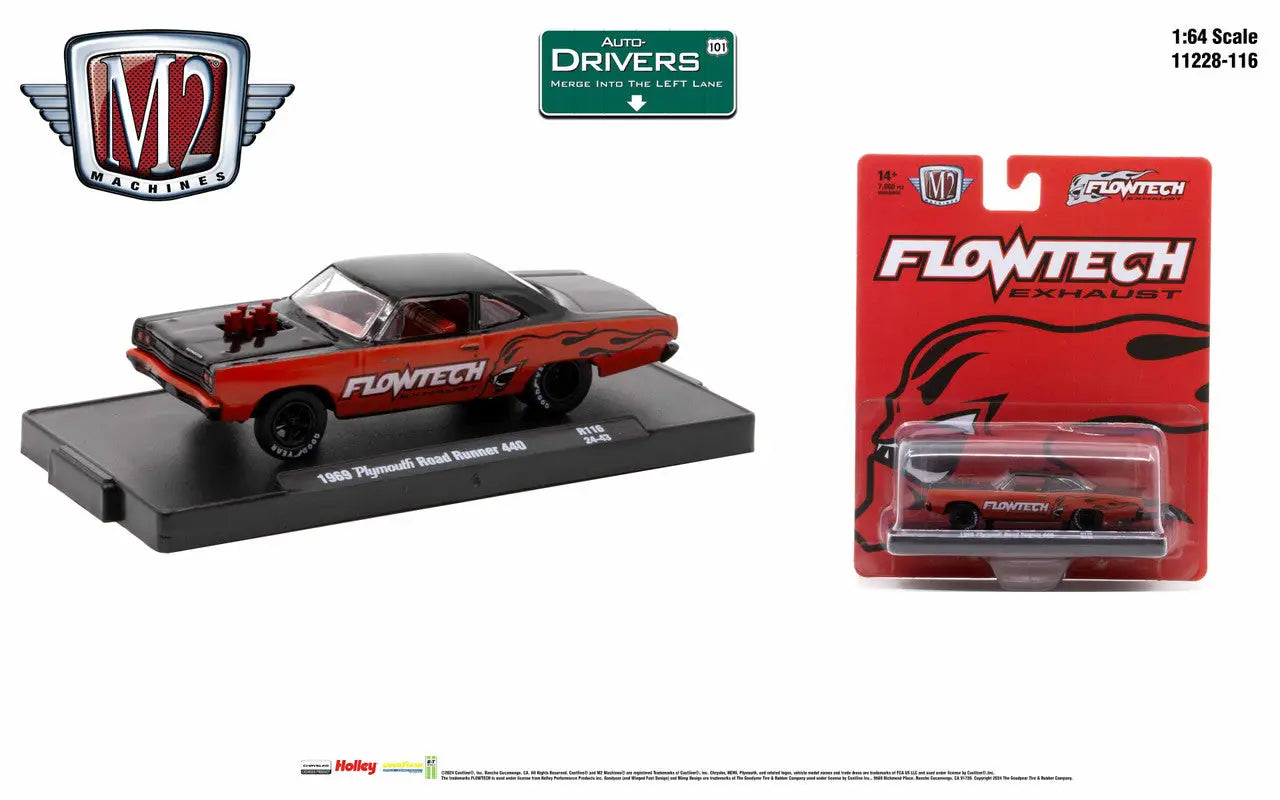 Red and black 1969 Plymouth Road Runner model with Flowtech graphics for M2 Machines collection
