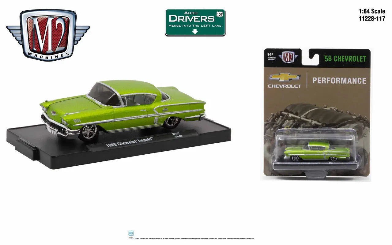 Lime green 1958 Chevrolet Impala die-cast model from M2 Machines Auto collection