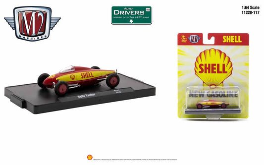 Red and yellow vintage Shell Racing Car Model R117 Belly Tanker on black display base